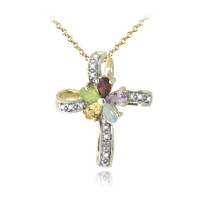 18K Gold Plated Multi Gemstone & Diamond Accent Flower Cross Necklace