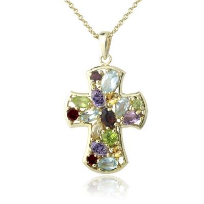 18K Gold Plated 3.25ct Multi Gemstone & Diamond Accent Cross Necklace