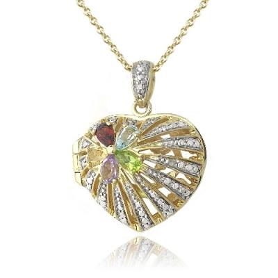 18K Gold Plated Multi Gemstone & Diamond Accent Flower Heart Locket Necklace