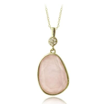 Gold Tone Rose Quartz & White Topaz Raindrop Necklace