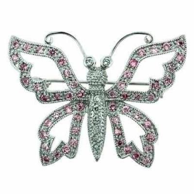 Sterling Silver Filigree pave Pink cz and Simulated Diamond cz Butterfly Pin
