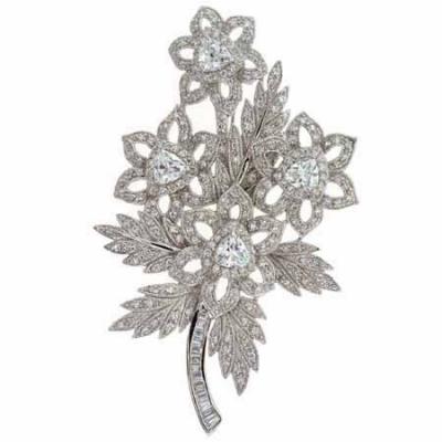 Sterling Silver simulated Diamond cz Extravagant Flower Bouquet Pin