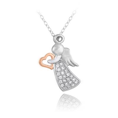 Sterling Silver Two Tone Rose Gold Tone CZ Angel & Heart Necklace
