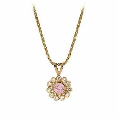 14K Gold Simulated Diamond and Pink cz Flower Pendant