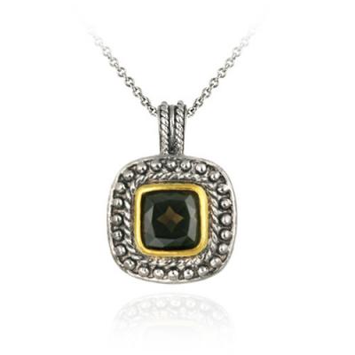 Sterling Silver Two Tone Designer Inspired Smokey Quartz Square Pendant w/ Beaded Border