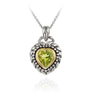 Sterling Silver Two Tone Designer Inspired Peridot Heart Pendant w/ Beaded Border