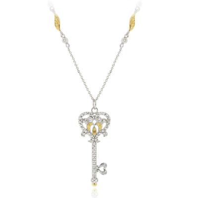 Sterling Silver Two-Tone Yellow Diamond Accent Owl in Heart Key Necklace