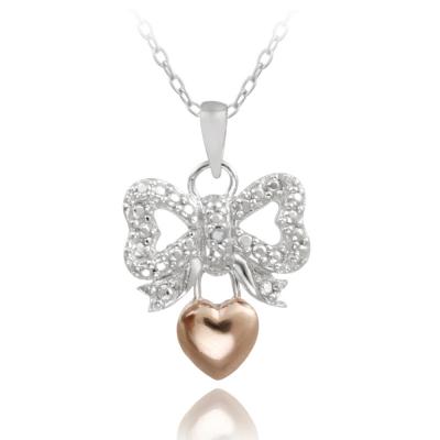 Sterling Silver Two Tone Diamond Accent Dangling Heart Bow Necklace