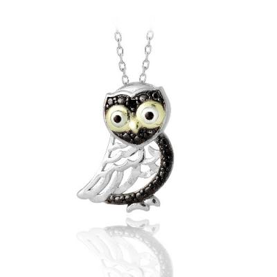 Sterling Silver Two Tone Black Diamond Accent Owl Necklace