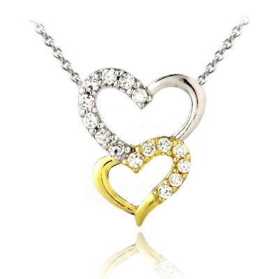 Sterling Silver Two Tone CZ Double Heart Necklace