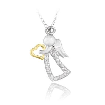 Sterling Silver Two Tone Diamond Accent Angel & Heart Necklace
