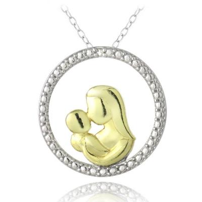 Sterling Silver Two Tone Diamond Accent Mother Kissing Baby Necklace