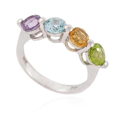 Sterling Silver Round Multi Gemstone Ring Size 9