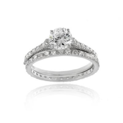 Sterling Silver Round CZ Bridal Engagement Ring Set