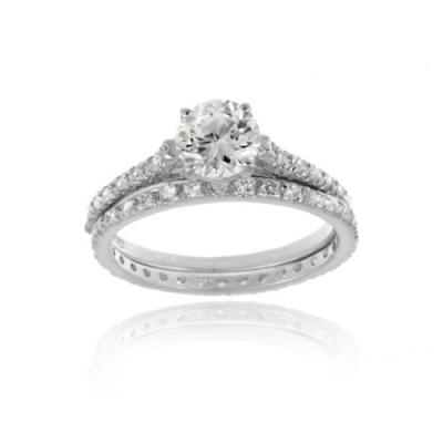 Sterling Silver Round CZ Bridal Engagement Ring Set size 7
