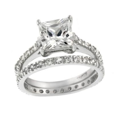 Sterling Silver Square CZ Bridal Engagement Ring Set