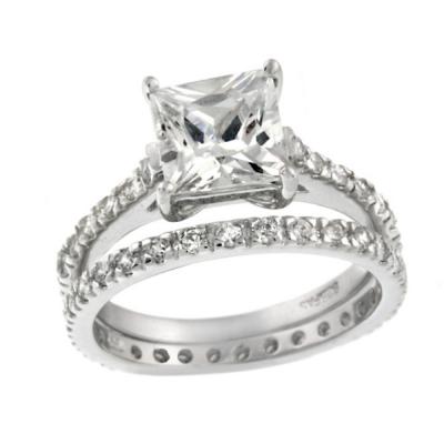 Sterling Silver Square CZ Bridal Engagement Ring Set