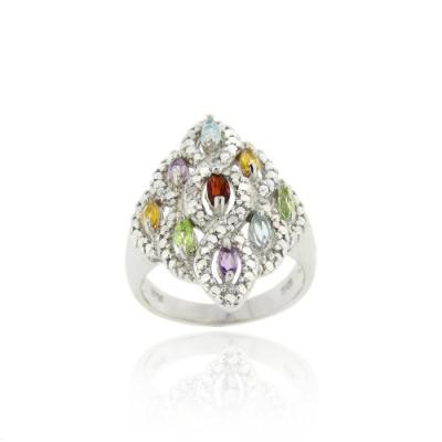 Sterling Silver Multi Gemstone & Diamond Accent Diamond Shaped Ring Size 7