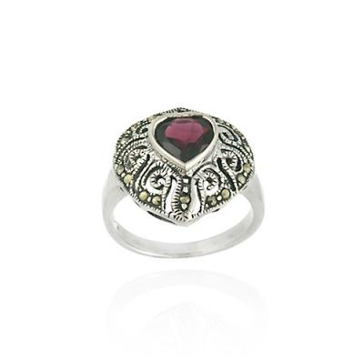 Sterling Silver Marcasite and Garnet Filigree Heart Ring Size 7