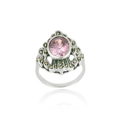 Sterling Silver Marcasite and Pink CZ Ring Size 6