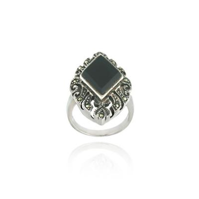 Sterling Silver Marcasite & Onyx Diamond Shape Filigree Ring Size 9