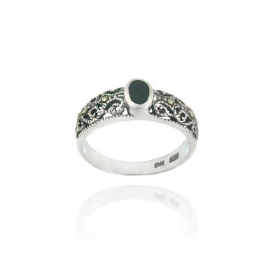 Sterling Silver Filigree Marcasite with Onyx Band Ring