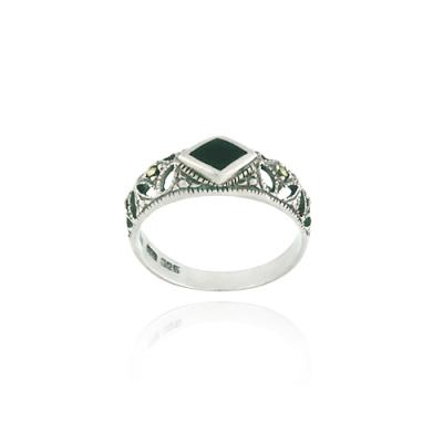 Sterling Silver Filigree Marcasite with Diamond Shaped Onyx Band Ring