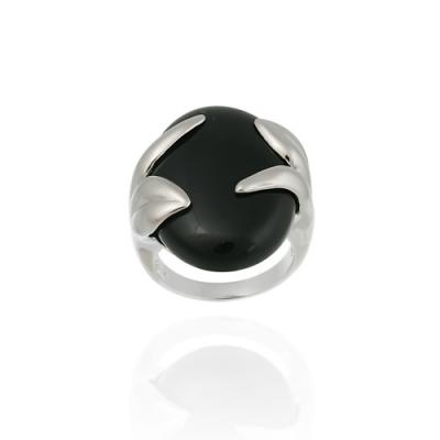 Sterling Silver and Onyx Oval with Leafy Design Ring