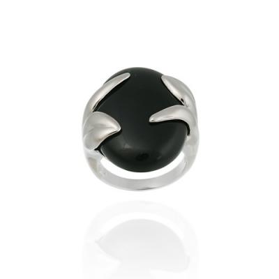 Sterling Silver and Onyx Oval with Leafy Design Ring
