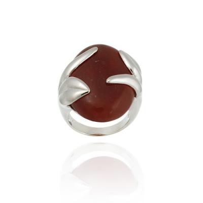 Sterling Silver and Red Jade Oval with Leafy Design Ring