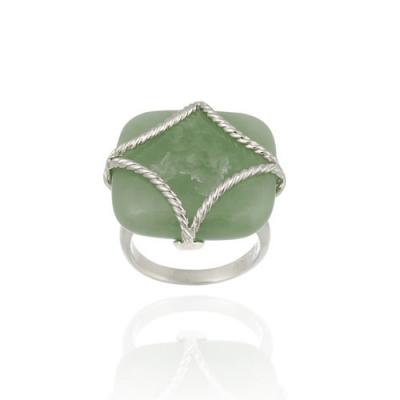 Sterling Silver and Green Jade Square with Rope Pattern Frame Ring