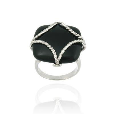 Sterling Silver and Onyx Square with Rope Pattern Frame Ring