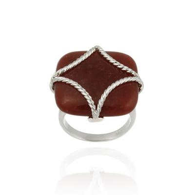 Sterling Silver and Red Jade Square with Rope Pattern Frame Ring
