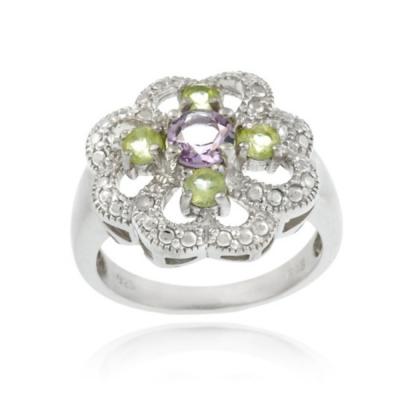 Sterling Silver Amethyst, Peridot and Diamond Accent Flower Design Ring Size 7
