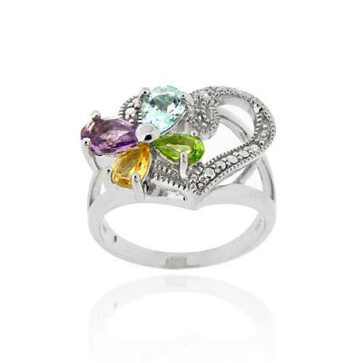 Sterling Silver Multi Gemstone & Diamond Accent Flower & Open Heart Ring Size 7