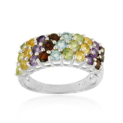 Sterling Silver 3 Row Multi Gemstone Wedding Band Ring