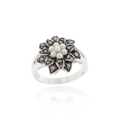 Sterling Silver Pearl and Marcasite Flower Ring