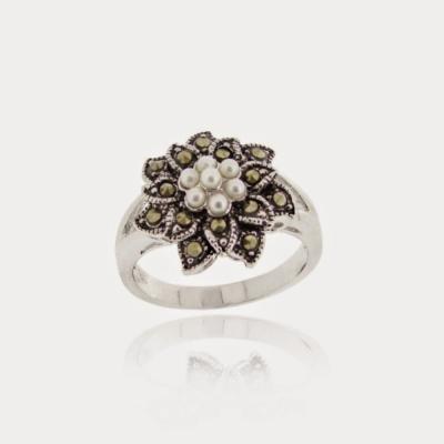 Sterling Silver Pearl and Marcasite Flower Ring
