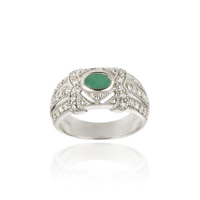 Sterling Silver Emerald & CZ Vintage Band Ring