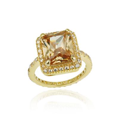 18K Gold Over Sterling Silver Champagne CZ Emerald Cut CZ Border & Band Ring