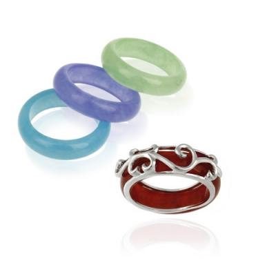 Sterling Silver Blue, Green, Lavender & Red Jade Interchangeable Band Rings Set