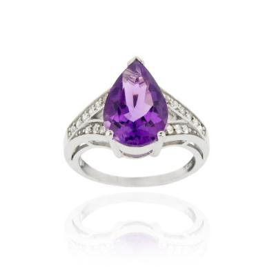 Sterling Silver 4.55ct. Amethyst & CZ Teardrop Ring Size 9