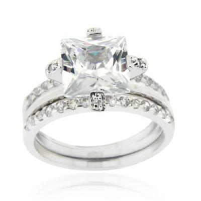 Sterling Silver Square CZ  Wedding Engagement Stackable Ring Set Size 9
