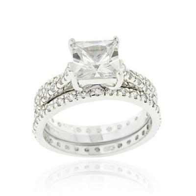 Sterling Silver Square CZ Wedding Engagement Ring Set