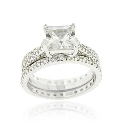 Sterling Silver Square CZ Wedding Engagement Ring Set