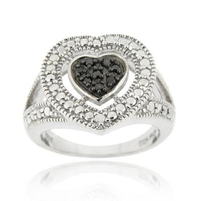 Sterling Silver 1/10ct  Black Diamond Heart Ring Size 7