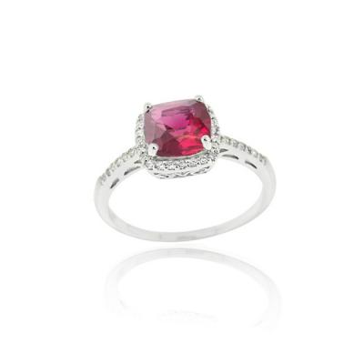 Sterling Silver 2ct Created Ruby & CZ Cushion-Cut Ring