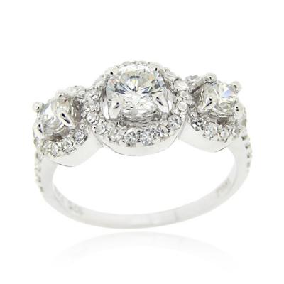 Sterling Silver CZ Three-Stone Bridal Engagement Ring Size 6