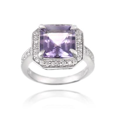Sterling Silver 4.5ct Amethyst & CZ Square Ring Size 6