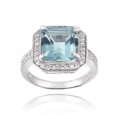 Sterling Silver Blue Topaz & CZ Square Ring Size 8